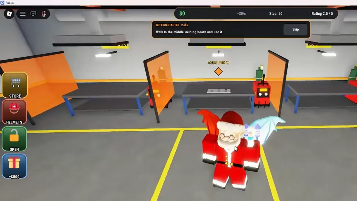 Welding Simulator Roblox workshop with a Getting Started prompt to walk to the middle welding booth, a YOUR BOOTH marker, and the cash, Steel and Rating bar at the top