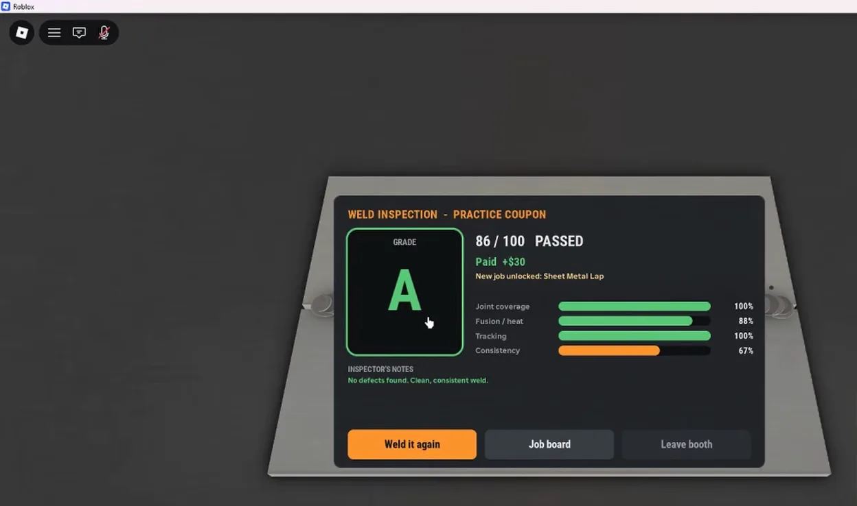 Welding Simulator Roblox weld inspection screen showing letter A grade and joint coverage fusion tracking consistency bars