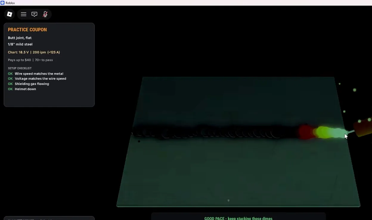 Welding Simulator Roblox MIG practice coupon with a glowing bead forming along a butt joint and a GOOD PACE status line at the bottom